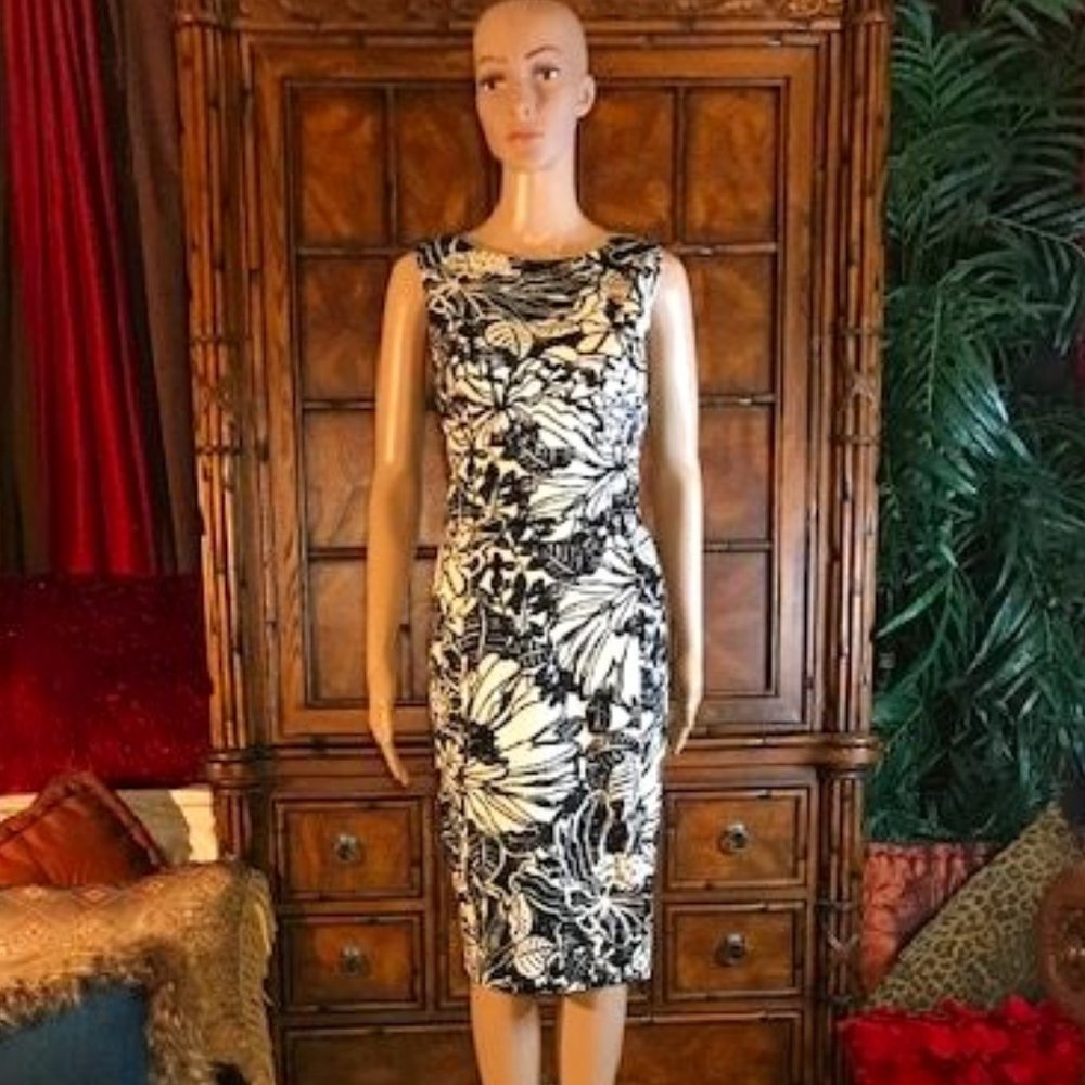 Jones New York Black Ivory Cotton Abstract Floral Dress